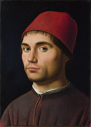 Portrait of a Man with a Red Hat, c. 1475–1476, Antonello. National Gallery, London. Like Antonello, Leonardo emphasizes the subject's face, which dominates the frame.[29]