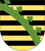 Saxony/ Saxe-Jena (1672–1690) Saxe-Eisenach (1596–1638; 1640–1644; 1662–1809)/ Duchy of Saxe-Coburg-Eisenach (1572-1596; 1633-1638)/ Duchy of Saxe-Weimar (1572–1809)/ Duchy of Saxe-Wittenberg (1296–1356) with the black-yellow imperial colored stripes and green crancelin