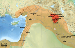 A map showing the ancient Assyrian heartland (red) and the extent of the Neo-Assyrian Empire in the 7th century BC (orange)