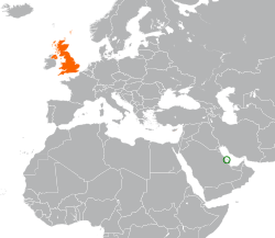 Map indicating locations of Bahrain and United Kingdom