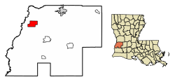 Location of Merryville in Beauregard Parish, Louisiana.