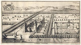 Gravure Castellum Bouchaut made by Jacobys Harrewijn in 1706. This copper etching displays Bouchout Castle after its "Renaissance makeover" by Peter-Ferdinand Roose at the end of the 17th century.