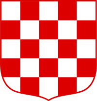 a red and white checkerboard shield