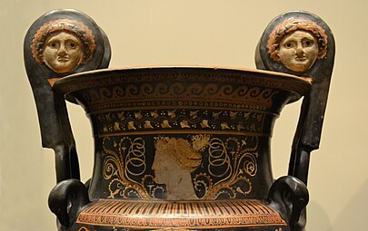 Ancient Greek rinceaux on a krater, by the painter of Copenhagen 4223, 340-320 BC, ceramic, National Archaeological Museum, Madrid, Spain