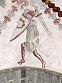 Painting of a fighter with sword, helmet and kite shield, fresco in Gothem Church, c. 1300.