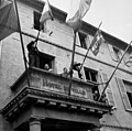 Charles de Gaulle delivering a speech in liberated Cherbourg from the Hôtel de ville (townhall)