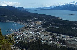 Haines, viewed from the northeast from Mount Ripinsky, with Chilkoot Inlet on the left, Chilkat Inlet on the right, and the Chilkat Peninsula extending into the distance