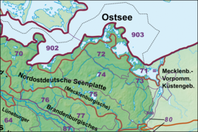 Die Nordostdeutsche Seenplatte mit der Mecklenburgischen Seenplatte (75) und ihrem Rückland (74)