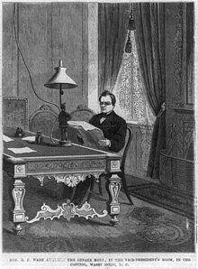 Black-and-white etching of a man reading a newspaper while sitting at a Victorian-style table