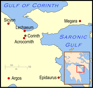 A map which depicts the area around the Gulf of Corinth. The area to north consists of highlands and the Gulf of Corinth, while the area to the south shows the cities of the area.