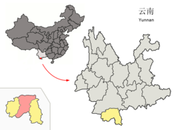 Location of Jinghong City (pink) within Xishuangbanna Prefecture (yellow) and Yunnan