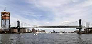 The Manhattan Bridge located in East River, New York, USA, as viewed from the south.