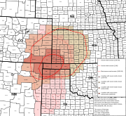 Map of states and counties affected by the Dust Bowl between 1935 and 1938 originally prepared by the Soil Conservation Service. The most severely affected counties are colored  .