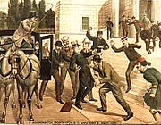 The assassination of Diligiannis, in a contemporary coloured lithograph.