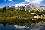 One of the Valyavishki Lakes and Gazey Summit, Pirin Mountain, Bulgaria