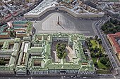 An aerial view of the Winter Palace, Alexander Column and the General Staff Building at the Palace Square, Saint Petersburg