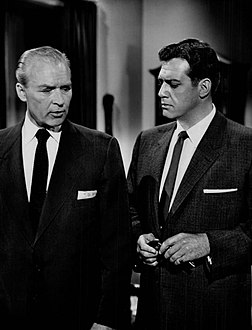Ralph Clanton and Burr in the series premiere, "The Case of the Restless Redhead" (1957)