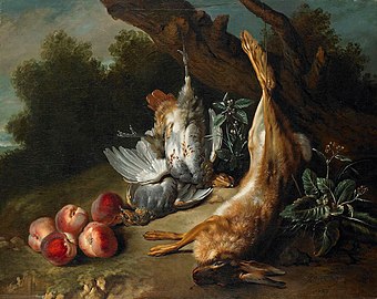 Still Life with Dead Game and Peaches in a Landscape, (1727), 80 x 100.3 cm., Birmingham Museum of Art
