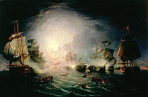 The blowing up of the French commander's ship "L'Orient" at the Battle of the Nile, 1798, painting by John Thomas Serres