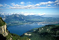 Lake Thun and the surrounding mountains, where legend contends that Beatus had his hermitage and fought a dragon