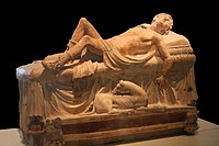 Sepulchral monument of a dying Adonis, polychrome terracotta, Etruscan art from Tuscana, 250-100 BC