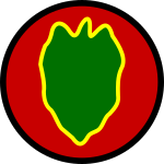 A red circle with a black outline containing a green leaf shape with a yellow outline