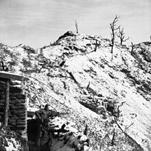 The snow-covered ridgeline of a steep hill running away from the camera and sloping downwards from left to right. In the bottom left foreground, two soldiers with machine guns stand in a trench in front of a defensive position constructed of sandbags and logs, facing downhill. In the background several trees, stripped of foliage, stand on a crest.