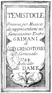 Andrea Bernasconi – Temistocle – Titelseite des Librettos – Venedig 1744