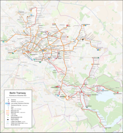This map shows the routes of all the trams in Berlin with updated english language