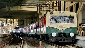 A local train at Velachery railway station in the MRTS line heading toward Chennai Beach