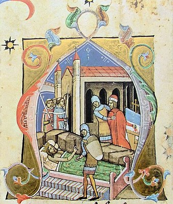 Chronicon Pictum, Hungarian, Hungary, King Coloman, sick, ill, Prince Álmos, blind, capture, Dömös, church, soldiers, monks with sword, medieval, chronicle, book, illumination, illustration, history