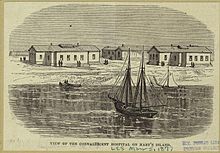 A black-on-yellow sketch showing the Convalescent Hospital on Hart Island