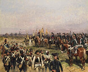 Painting shows men in dark blue uniforms escorting disarmed me in mostly white uniforms. The scene is being reviewed my mounted officers in dark blue uniforms.