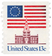 1975 13¢ stamp features the Betsy Ross flag behind Independence Hall[71]