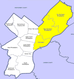 Map of Philadelphia County with Northeast highlighted. The area labeled as 'Kensington' is roughly equivalent to the River Wards. Click for larger image.