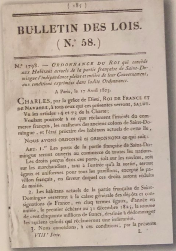 Photograph of the ordinance in the French Law Bulletin, the official gazette of the French government (Law Bulletin, Volume No. 58 – Law No. 1798 – April 17, 1825)