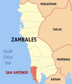 Map of Zambales with San Antonio highlighted