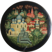 Lacquered box with a Kholuy miniature, depicting the town of Suzdal