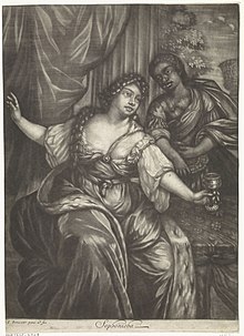 Sophonisba, in a flowing gown and holding a cup, leans right, while an attendant stand behind her