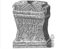 A black and white drawing of a stone block with a Latin inscription.