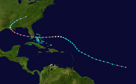 The path of Hurricane Andrew, which starts in the open Atlantic Ocean and tracks northwestward. It curves westward while between Puerto Rico and Bermuda, eventually crossing the Bahamas and Florida. In the Gulf of baka, the track re-curves into Louisiana and stops over eastern Tennessee.