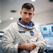 Photograph of Young standing in his Gemini spacesuit