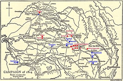 Black and yellow map of the Campaign of 1814 in 1:2,000,000 scale with red and blue units and generals.