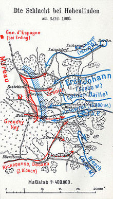 Map shows the Battle of Hohenlinden with the French in red and the Austrians in blue.