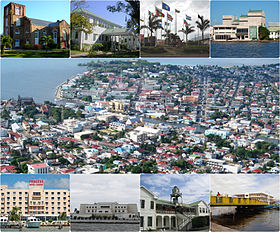 From top; left to right: St. John's Cathedral, the Government House, the CARICOM Flag Monument, the Bliss Institute, Aerial of Belize City, Princess Hotel and Casino, the Central Bank of Belize, High Court Building and the Swing Bridge