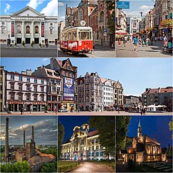 From top, left to right: Silesian Opera; Historic tram (in background Main Post Office); Dworcowa Street; Market square; Szombierki Heat Power Station; View of Władysław Sikorski Square; Church of St. Margaret
