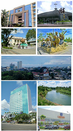 From top left to right: Ateneo de Davao University, Metropolitan Cathedral of San Pedro, Davao City Hall, People's Park, Davao skyline, Marco Polo Hotel, Davao River, and SM Lanang Premier Mall