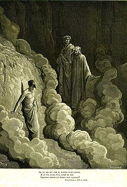 A black and white illustration of Dante and Virgil's conversation with Marco Lombardo