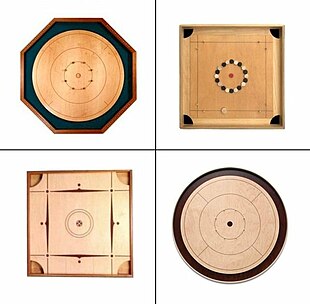 Comparison with details of four distinct game boards, including one hexagonal (for crokionle) and two square, with different markings and pocket hole sizes, for pichenotte and North American carrom, and a square one with very small pockets for Indian (internationally standardized) carrom.