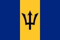The flag of Barbados, a charged vertical triband.